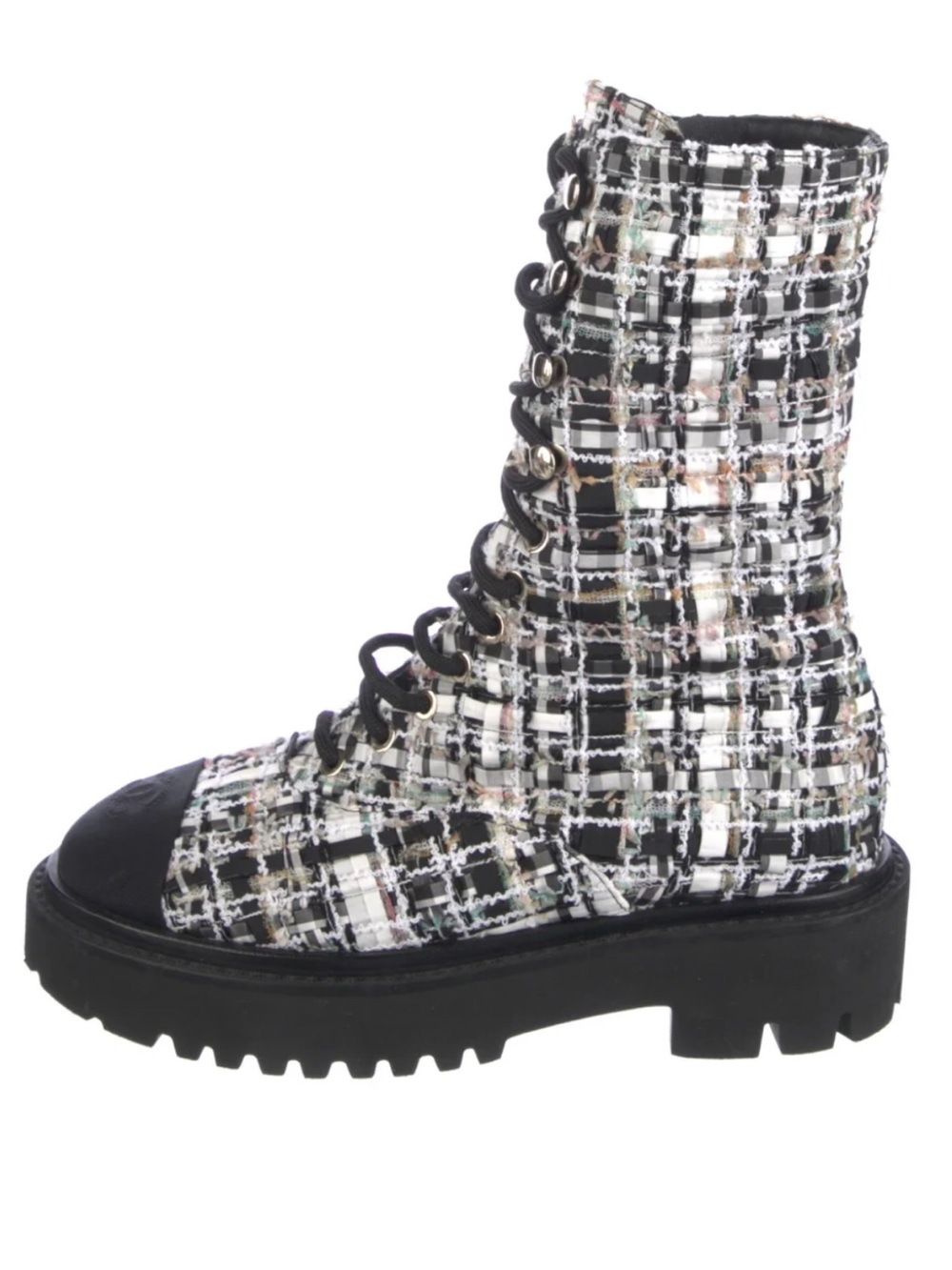 CHANEL Black and White Tweed Lace-Up Combat Boot